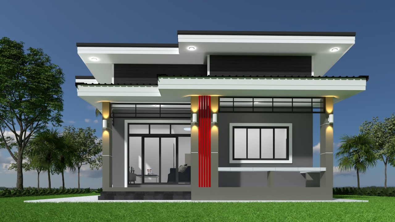 แบบบ้านหนึ่งชั้นหลังคาโมเดิร์น 3 ห้องนอน 2 ห้องน้ำ
