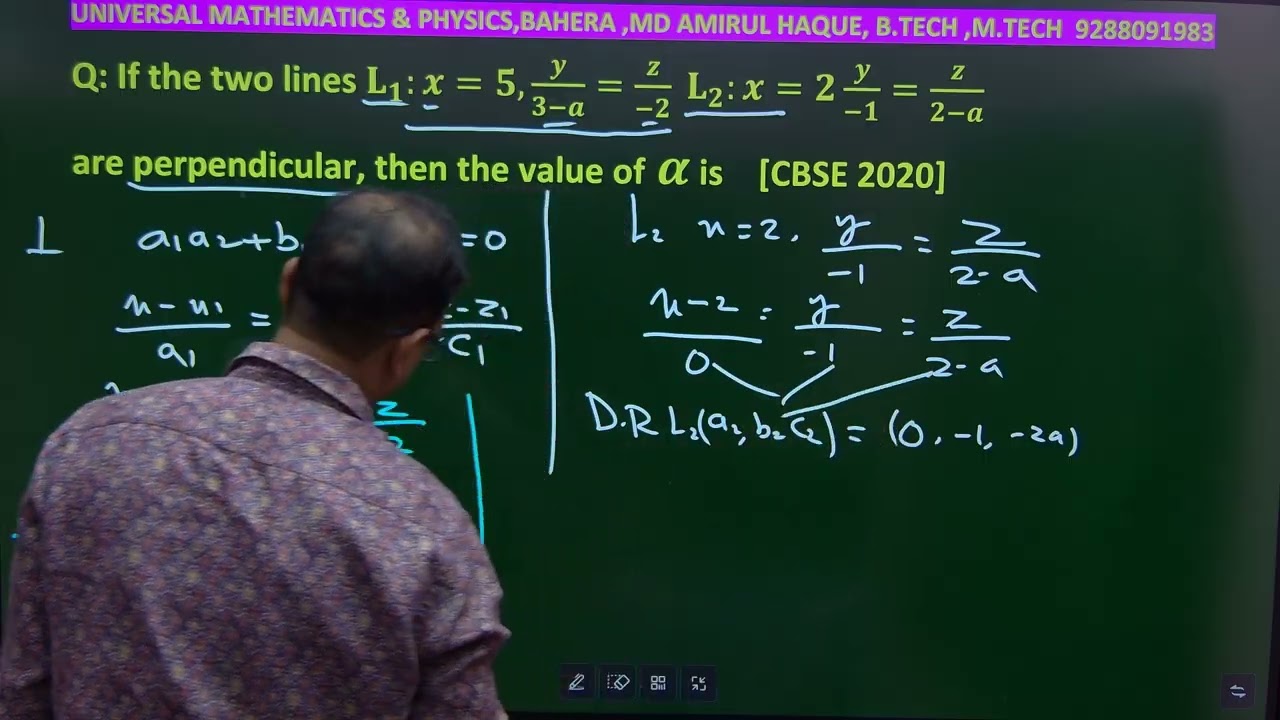 If two line L : x=5,y/3-a=y/-2,L2 x/2,y_-1,z/2-a are perpendicular the value of alpha