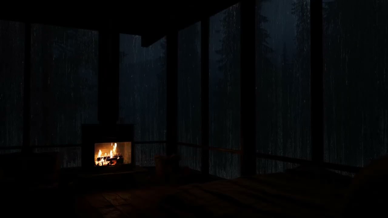 Rainstorm Night in Forest Cabin| Healing Fireplace Sounds for Meditation, Relaxation& Stress Release