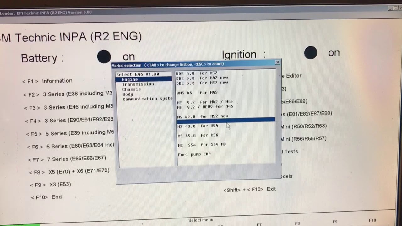 Bmw e46 using INPA interface to read engine fault codes