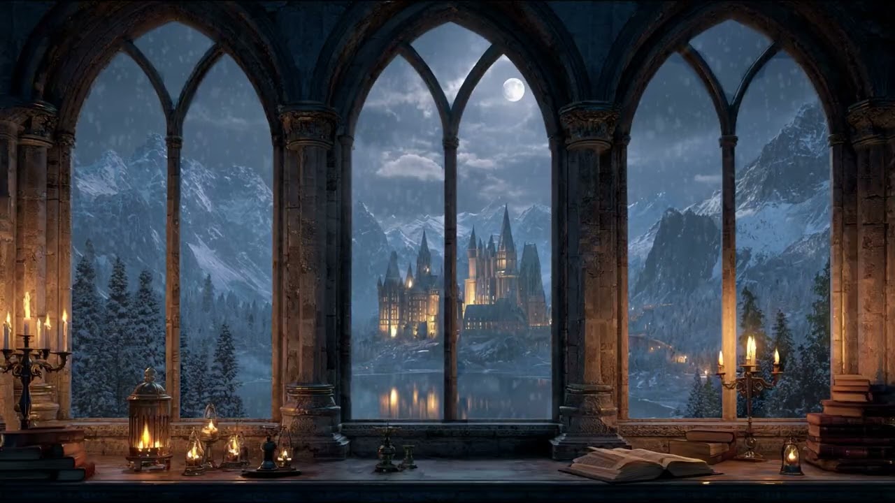 4K Medieval Castle Window View ❄ Quiet Snow Ambience & Relaxing Music for Sleep, Study & Meditation