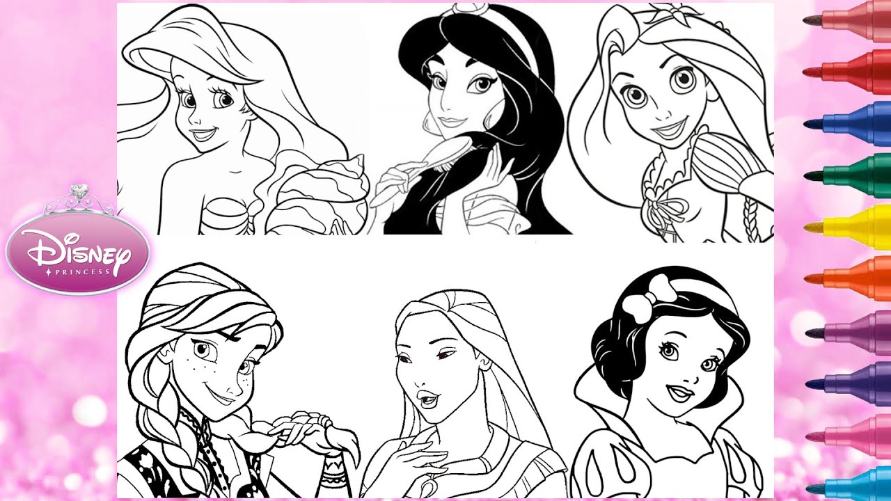PRINCESSES Colouring Page COMPILATION Disney - ARIEL JASMINE SNOW WHITE POCAHONTAS Coloring Page