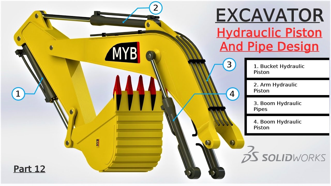 Designing an excavator hydraulic piston-pipe | SolidWorks