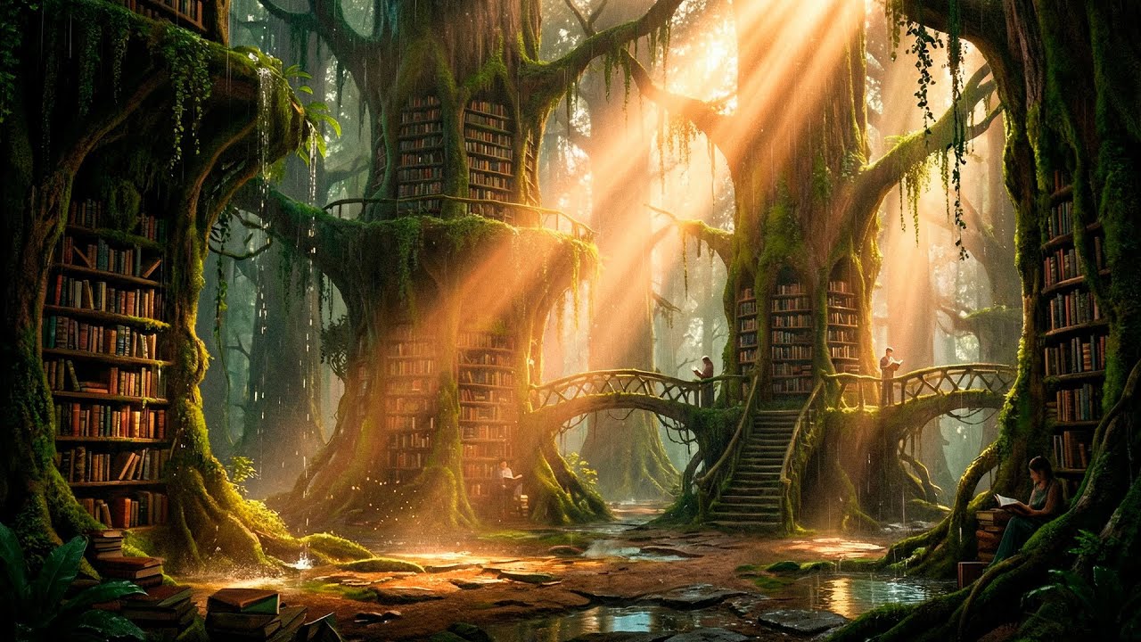 Secret Forest Library 🌿 Rain Sounds, Fireplace & Books | Dark Academia Ambience