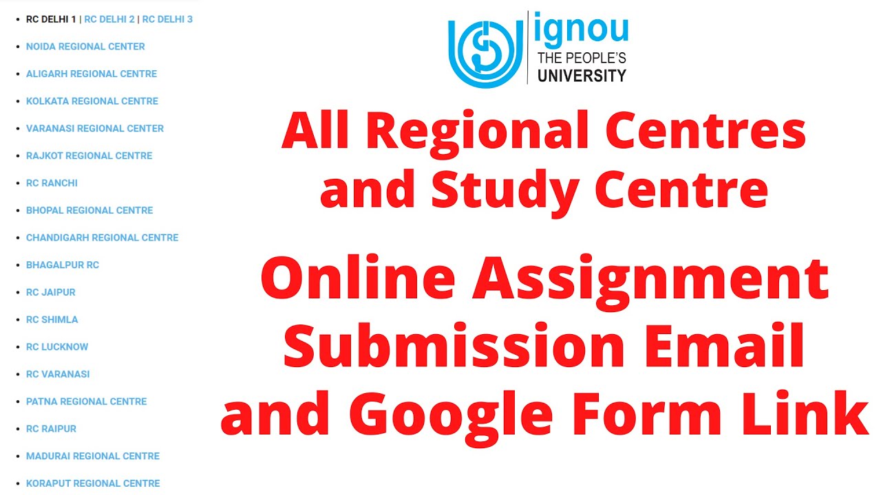 IGNOU Online Assignment Submission Email and Google Form Link- All Regional Centres and Study Centre