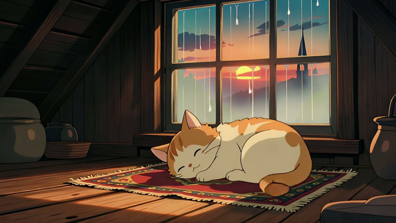 Cozy Attic with Sleeping Cat & Gentle Rain Soft Piano Music for Deep Sleep & Relaxation [ASMR V