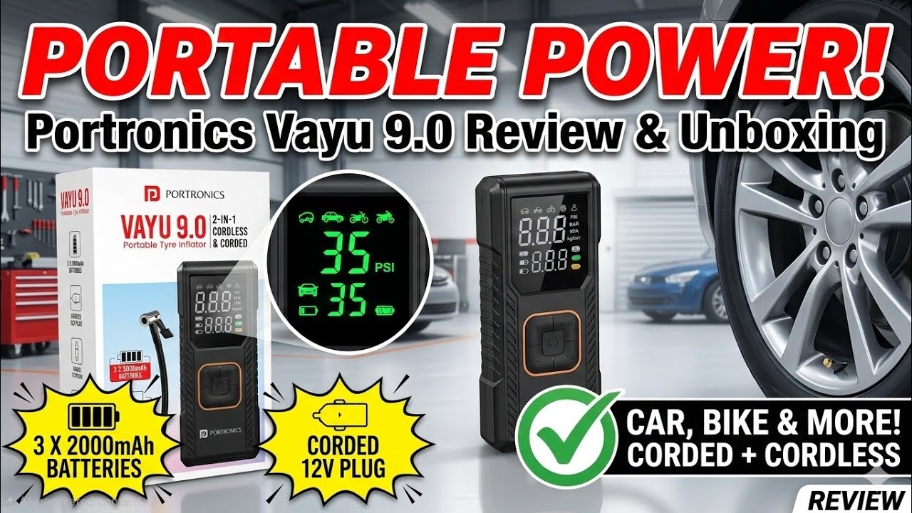 Portronics Vayu 9.0 Unboxing & Review: Best Portable Tyre Inflator? 🚗💨​