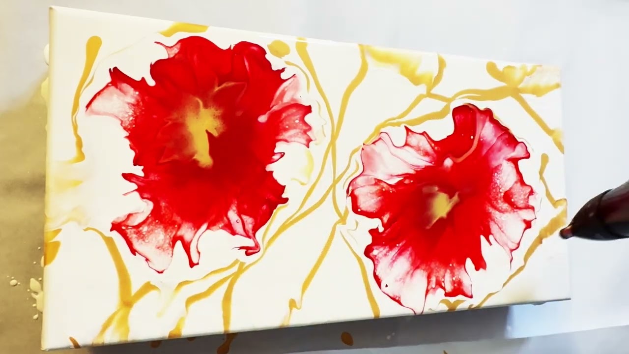 Искусство акриловой заливки | Красный, золотой и белый ❤️💛🤍 | Жидкая живопись