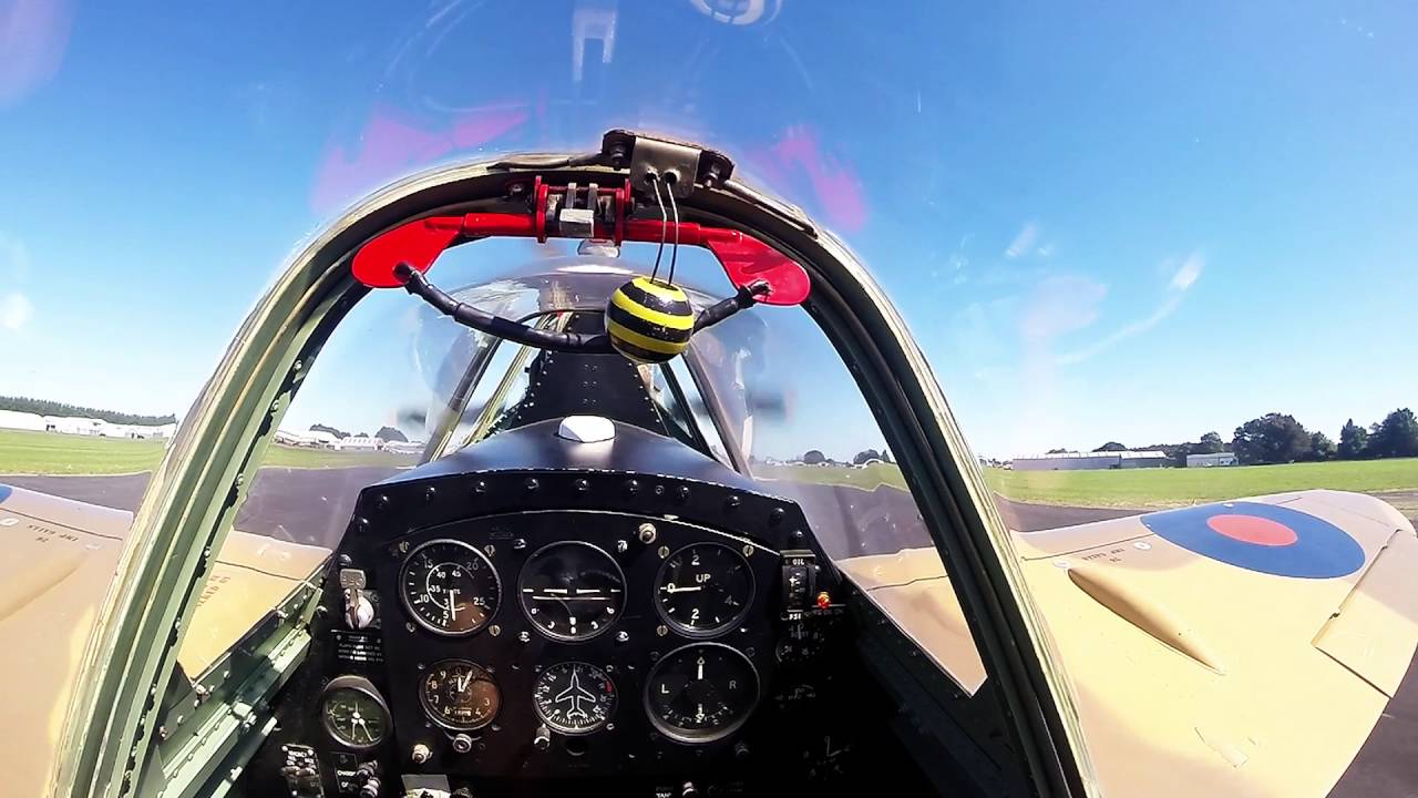 Spitfire onboard start engine, run up and take off then landing 4 min