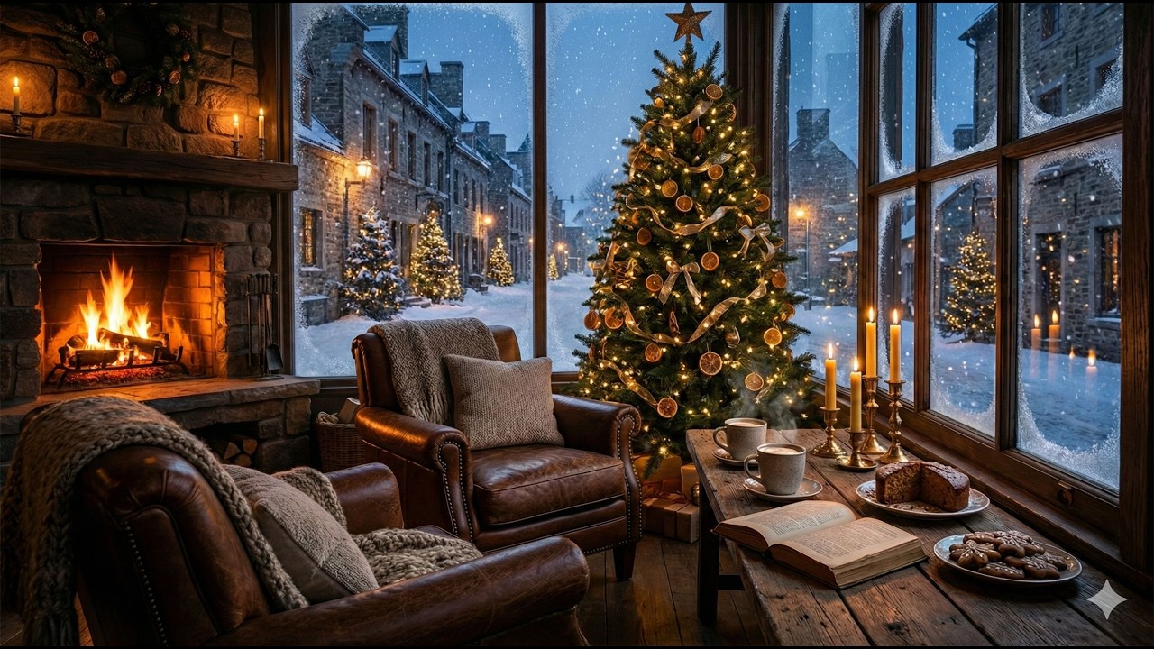 Ultimate Cozy Christmas Study Cabin ❄️ Warm Fireplace, Snowy European Village View & Calm Music