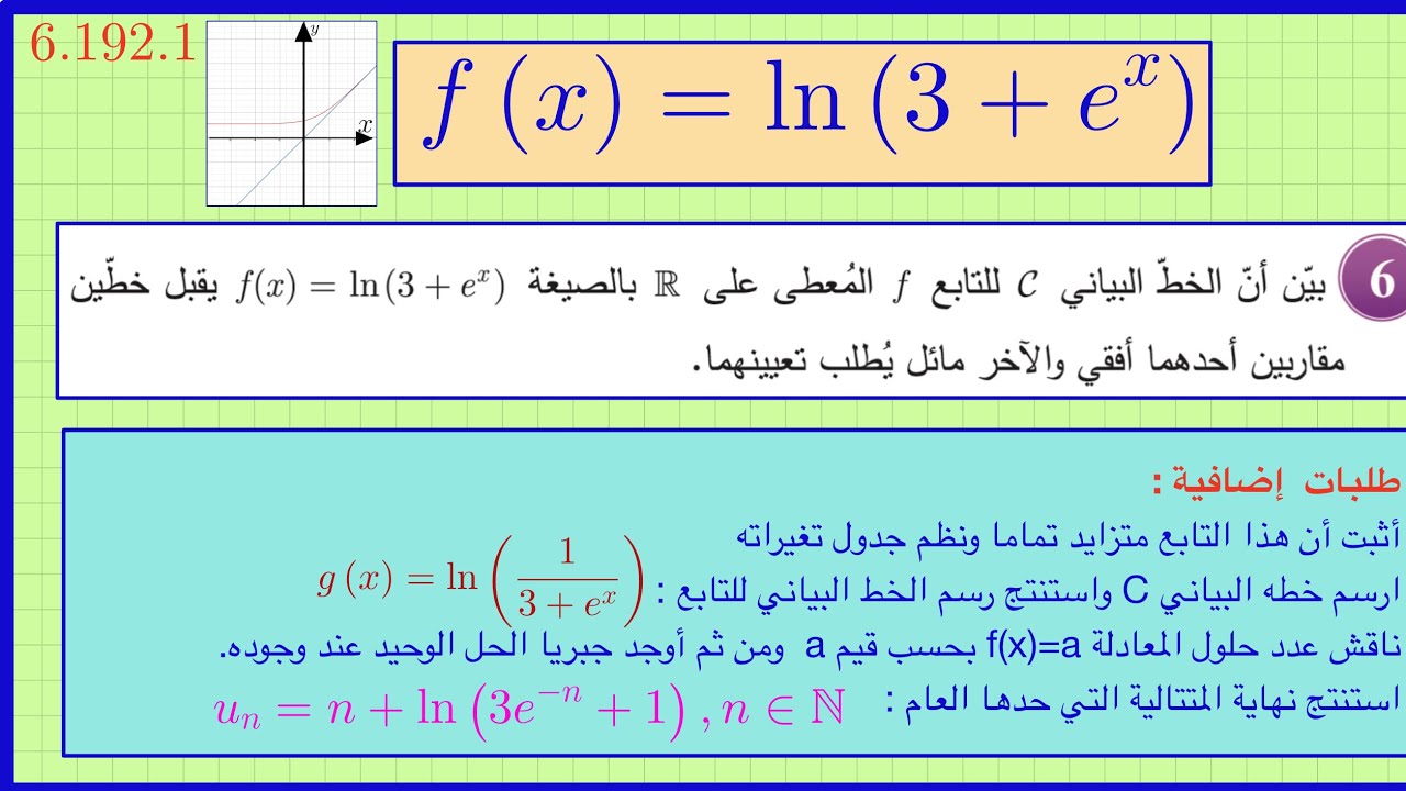 كيف توجد المقارب المائل لتابع لوغاريتمي في حشوته تابع أسي ، حل 6.192.1مع طلبات إضافية.