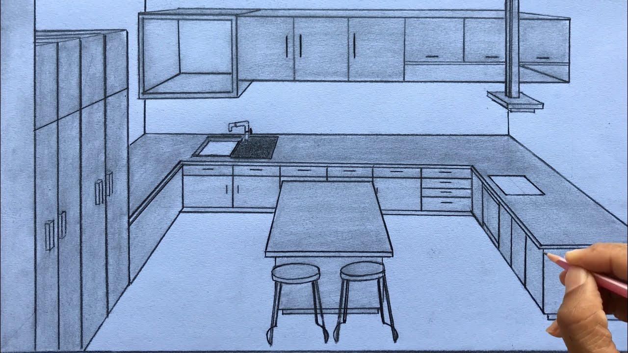 How to Draw a Kitchen using 1-Point Perspective Step by Step