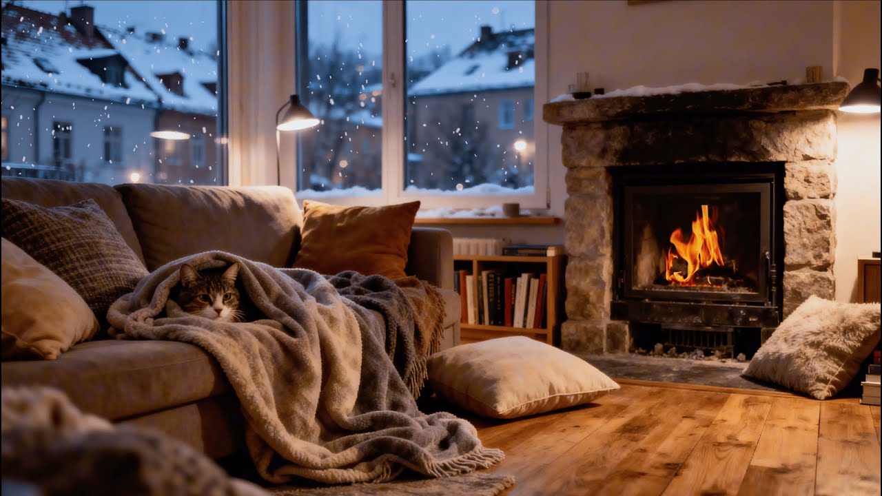 🎵4K Winter Cat in Europe | Cozy lofi & fireplace – background music for studying and relaxing