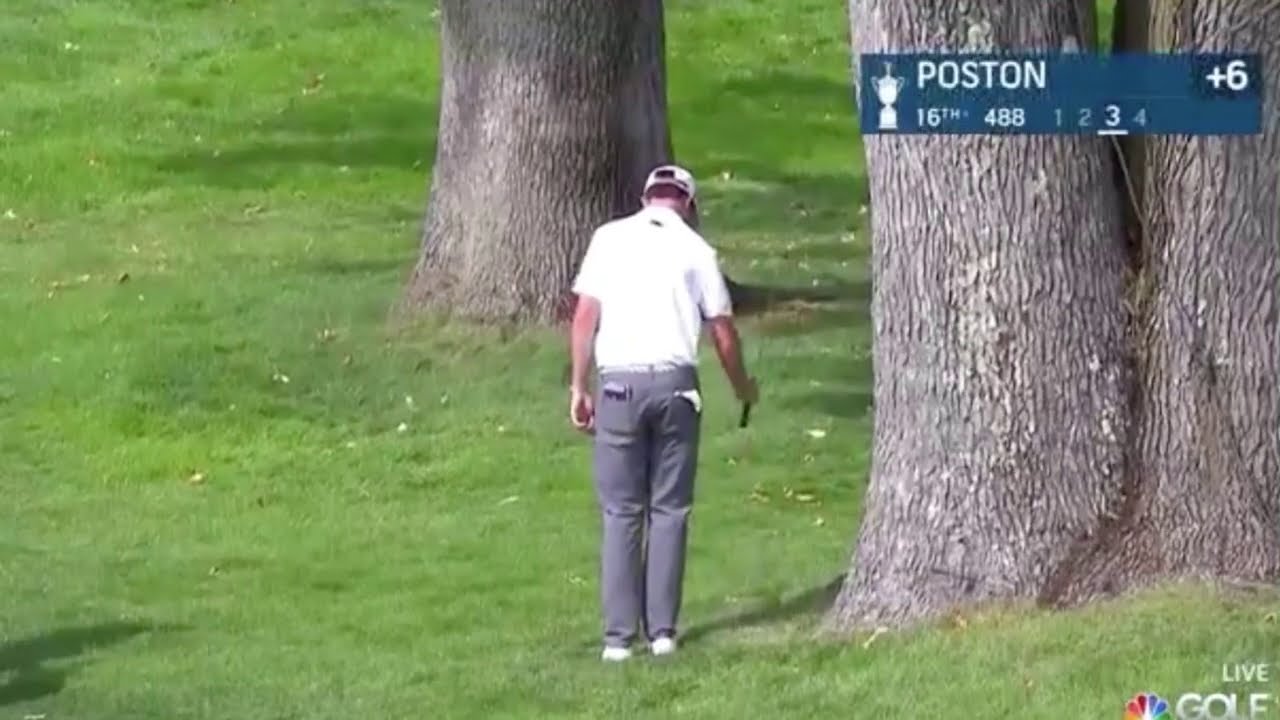 JT Poston hitting a tricky backwards shot at The 2020 US Open