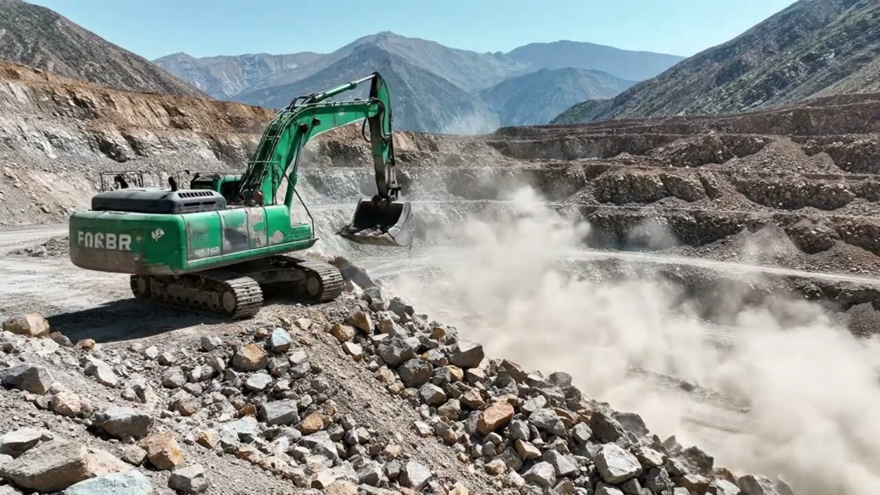 The Green Excavator Clears Rock to Open a Mountain Road – A Gritty Report from the Edge