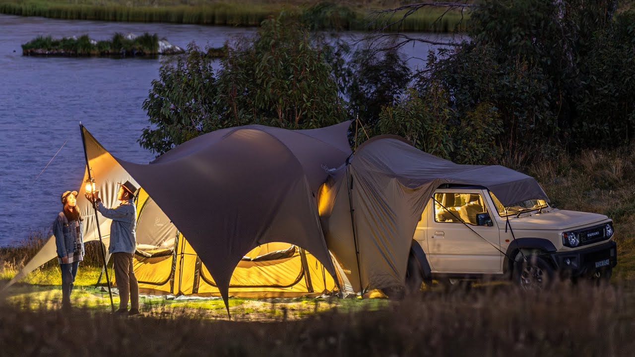 Lakeside Couple Camping with a Big Tent | Suzuki Jimny | Nature ASMR | Camp Cooking