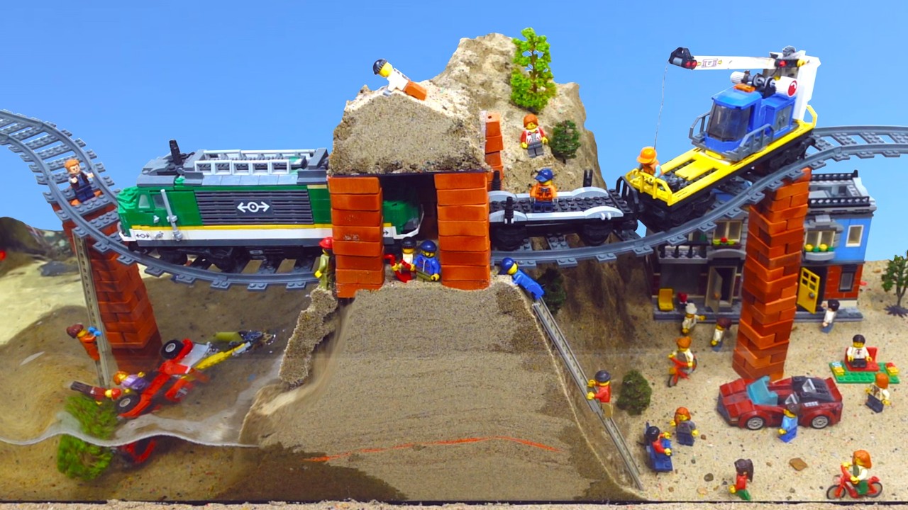Train Crashes from Mini Brick Bridge - LEGO Dam Breach Experiment - LEGO City Train Disaster