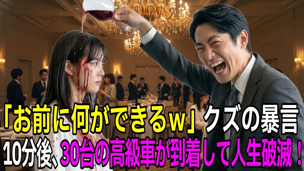 【スカッと】同窓会で「お前に何ができるｗ」と嘲笑うクズ男にワインを浴びせられた私。10分後、30台の黒塗りの高級車が到着し人生破滅【シニア】