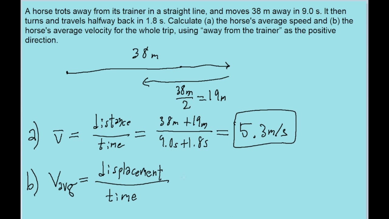 A horse trots away from its trainer in a straight line, moving 38 m away in 9.0 s. It then turns