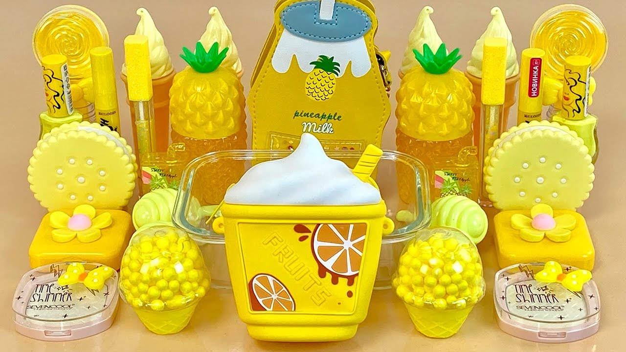 ASMR Slime Mixing ”YELLOW” 💛💥😍 makeup, Eyeshadow, glitter into slime. Satisfying slime video.