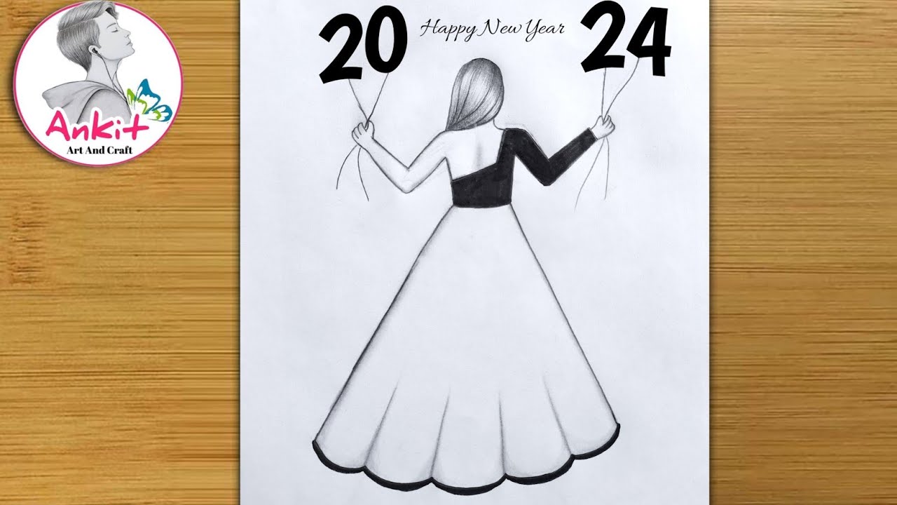 Happy new year card 2024 / How to make new year greeting cards / Easy girl drawing / new year card