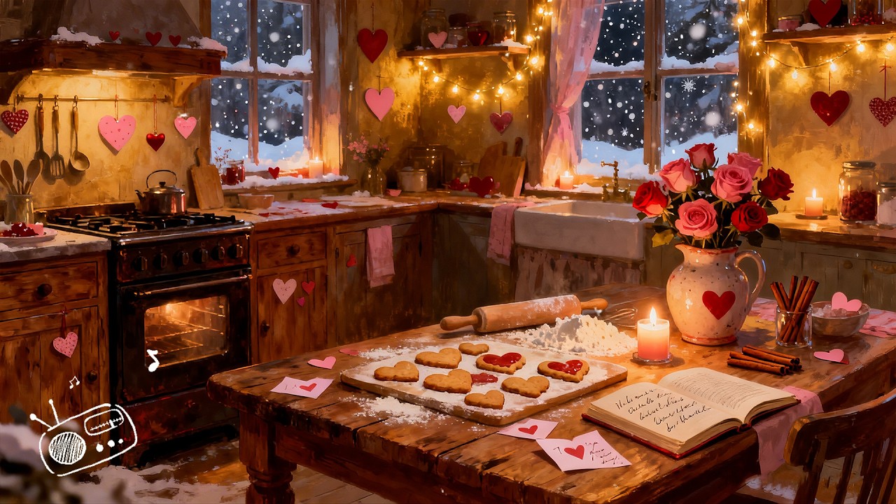 Romantic 1940s Valentine Night 💖 Soft Oldies Playing Gently | Crackling Fireplace Ambience