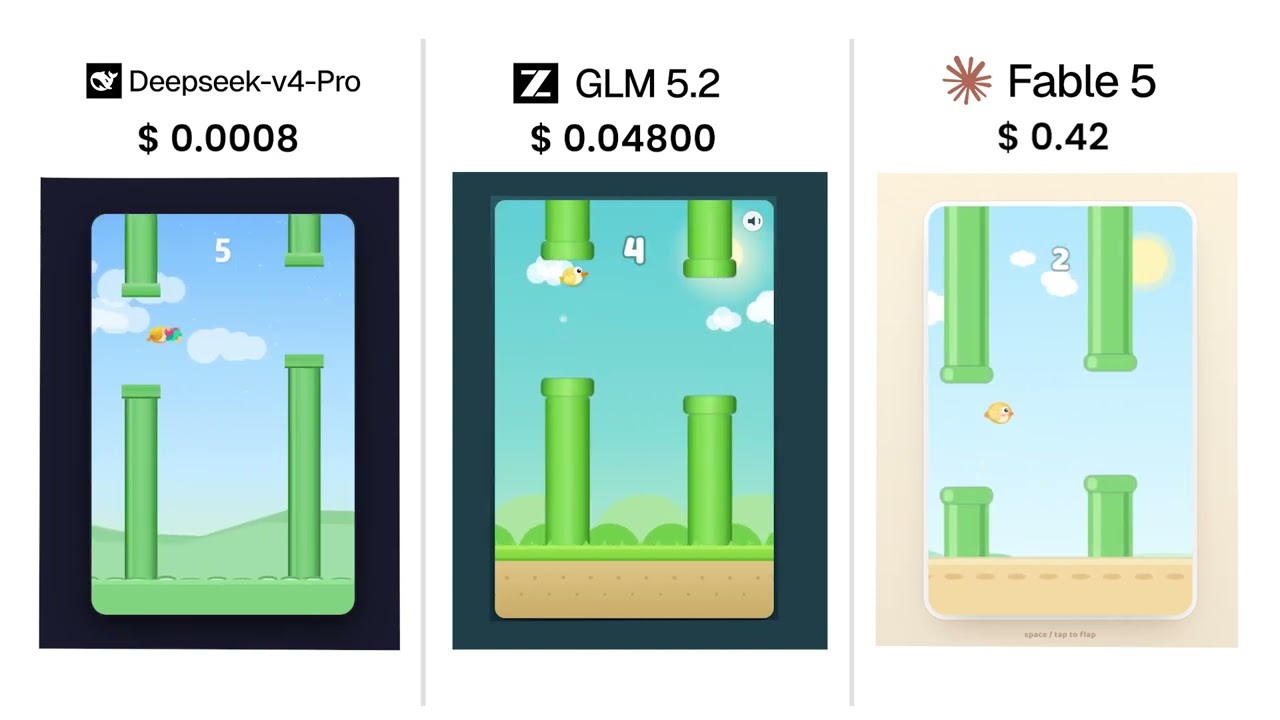 DeepSeek v4 Pro vs GLM 5.2 vs Fable 5 (Flappy Bird)