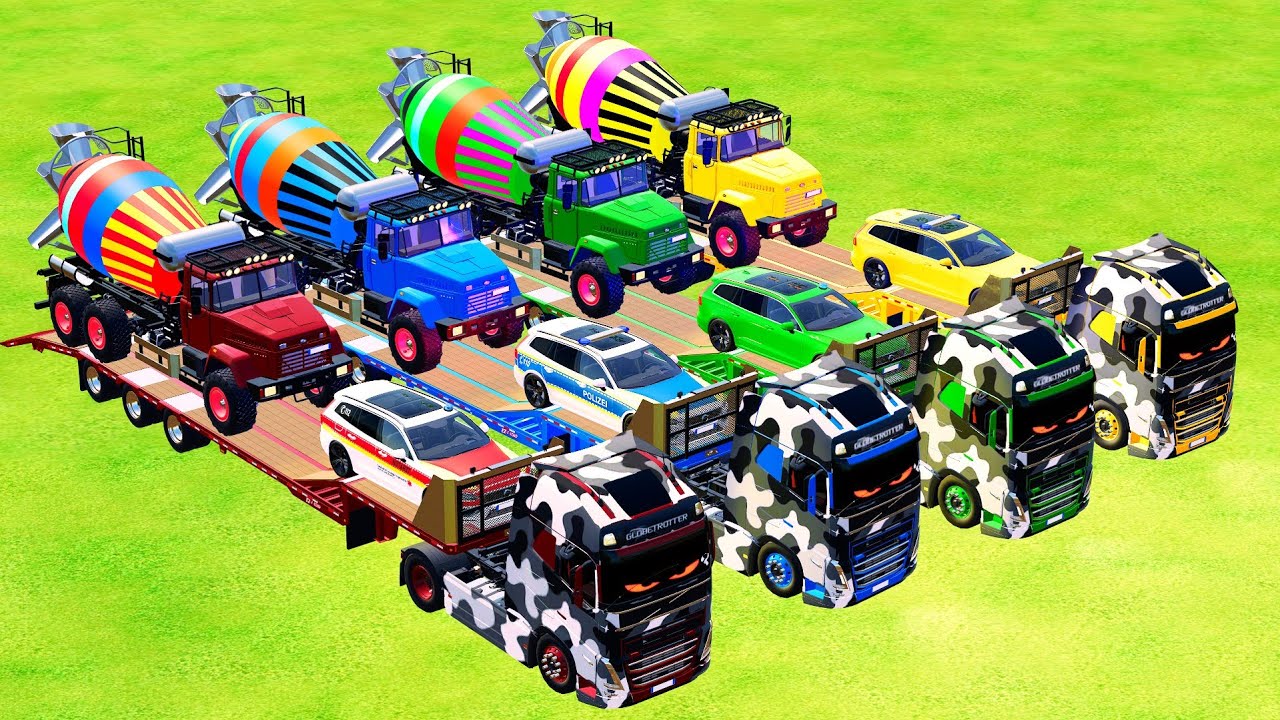 TRANSPORTING POLICE CARS, MIXER TRUCK TO GARAGE WITH FLATBED- FS22