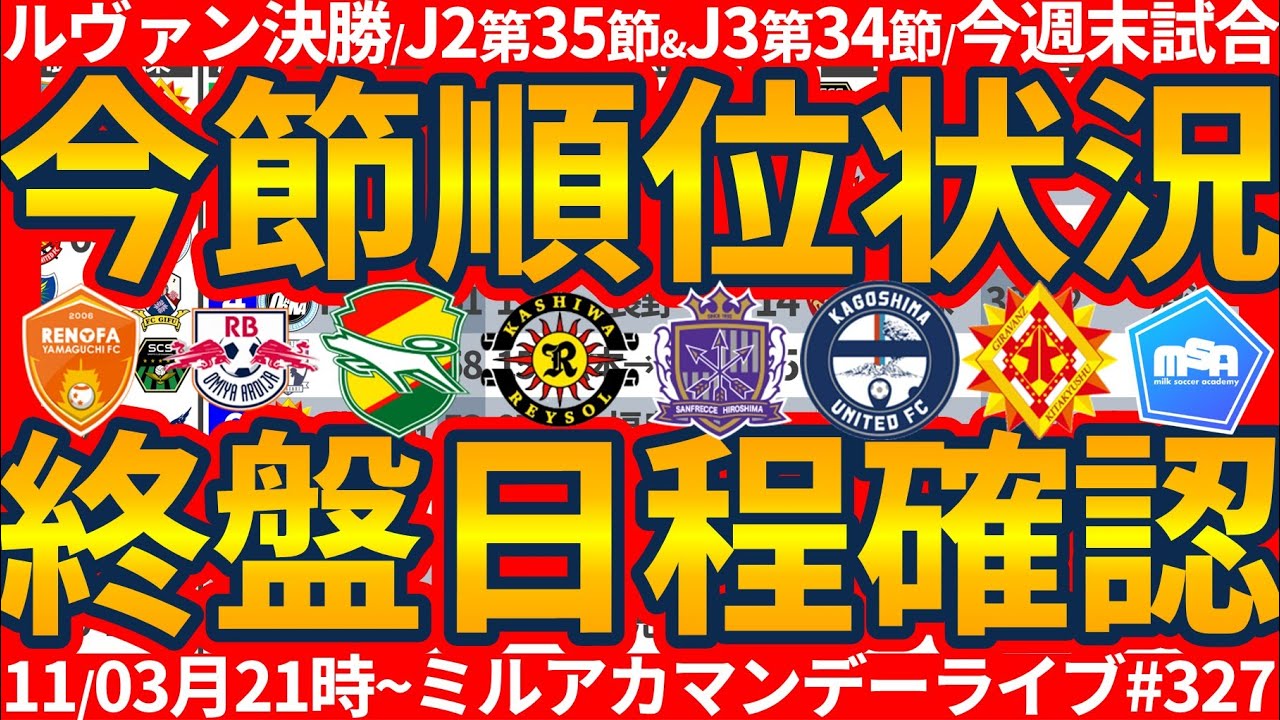 【ルヴァン決勝&J1/J2/J3順位表&終盤日程表確認】明日もう試合なルヴァン制覇広島/千葉大宮の逆襲と残留圏近づく山口/J3ではTOP2足踏みで鹿児島猛追など！│ミルアカマンデーライブ#327