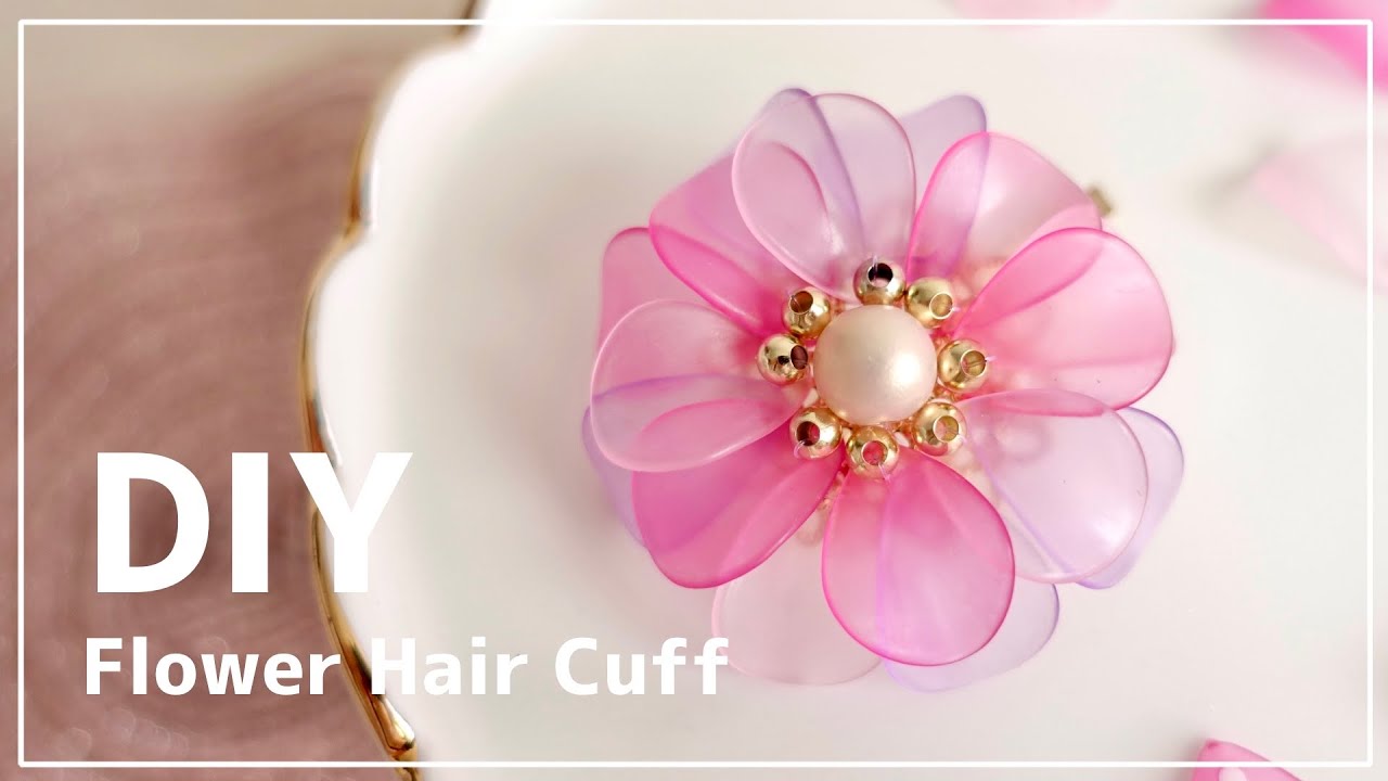 ALLダイソー🌸お花のポニーフック作り方♡ 100均DIYビーズアクセサリー|テグス編み Flower Hair Cuff Ponytail Hook Tutorial花びらパーツ フラワーモチーフ