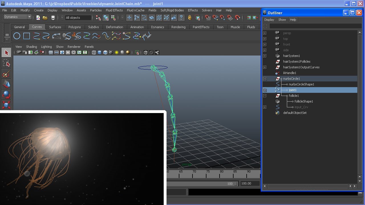 Controlling Joints with Dynamic Hairs in Maya