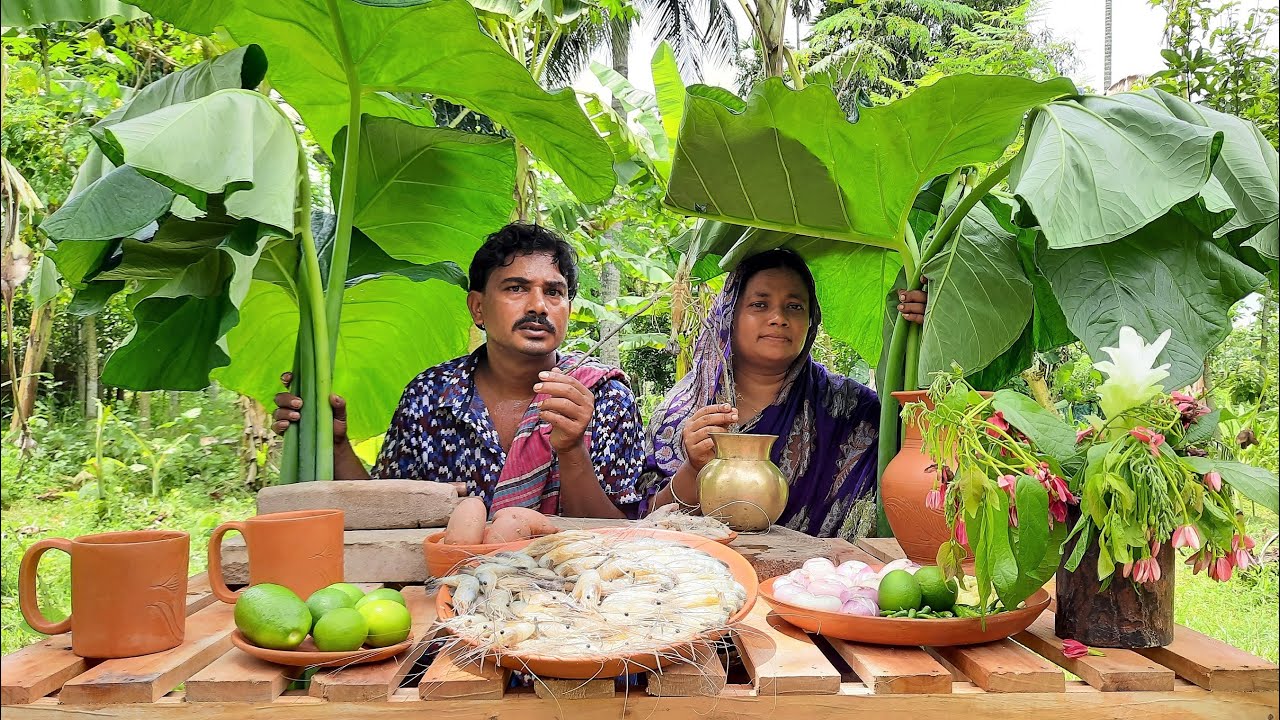 how to cook giant taro plant I Cooking Giant Taro Leaves with River Prawn Recipe I Arum plant