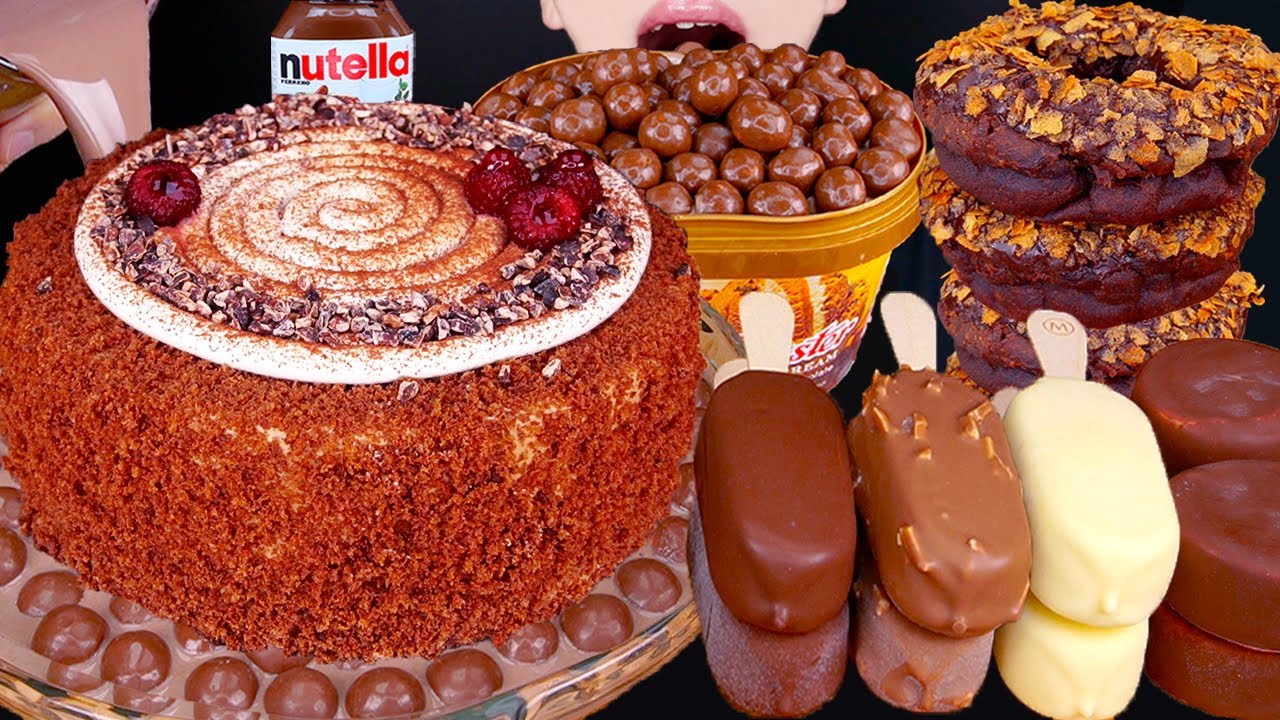 ASMR MALTESERS CHOCOLATE MILK MAGNUM ICE CREAM CAKE NUTELLA DESSERT MUKBANG먹방チョコレート 咀嚼音EATING SOUNDS