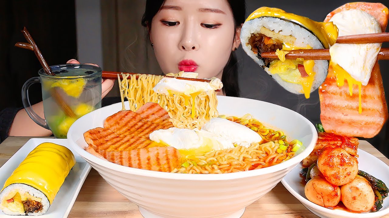 MUKBANG * Спам Хэм & Рамен из яиц-пашот & Сыр Гимбап ! Шин Рамюн ASMR Eating Show