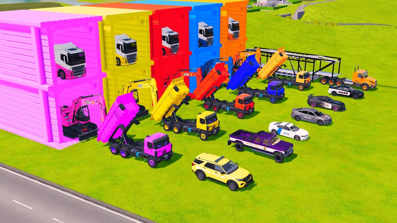 TRANSPORTING POLICE CAR WITH SIX FLATBED TRAILERS TRUCK  – SPEEDBUMPS, MUD AND WATER | FS 22