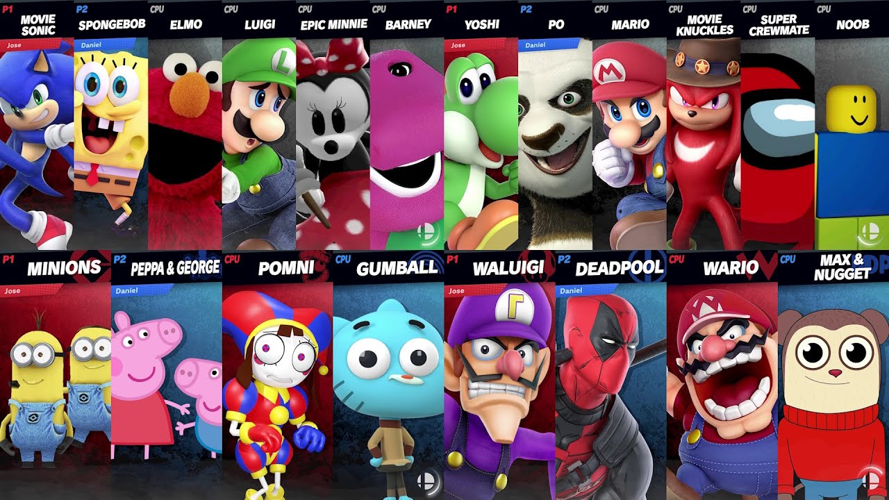 Sonic vs Spongebob vs Luigi | Mario vs Noob vs Among Us vs Knuckles in Super Smash Bros Ultimate
