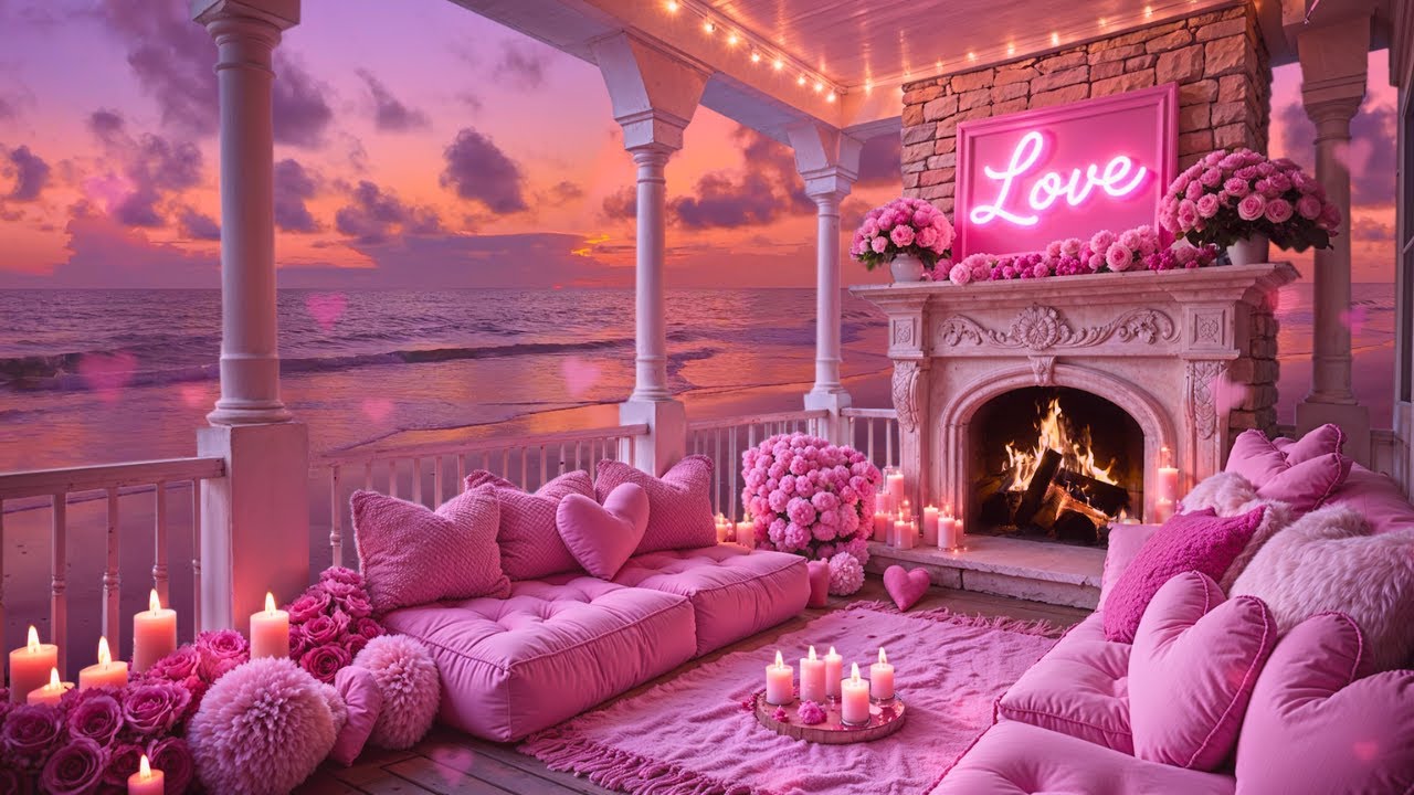 The Ultimate Pink Valentine’s Beach Ambience 💕💖 Dreamy Wave Sounds, Fire & Cozy Background