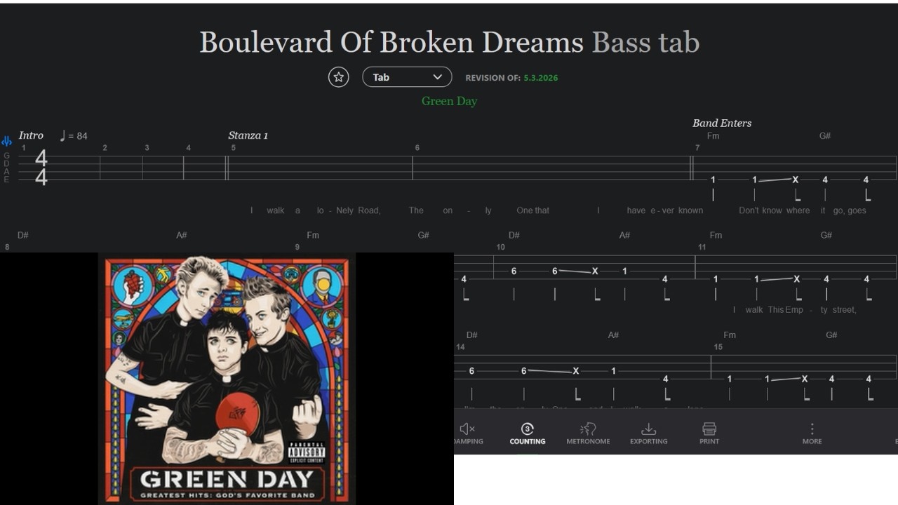 Boulevard of Broken Dreams (Bass tab, play along)