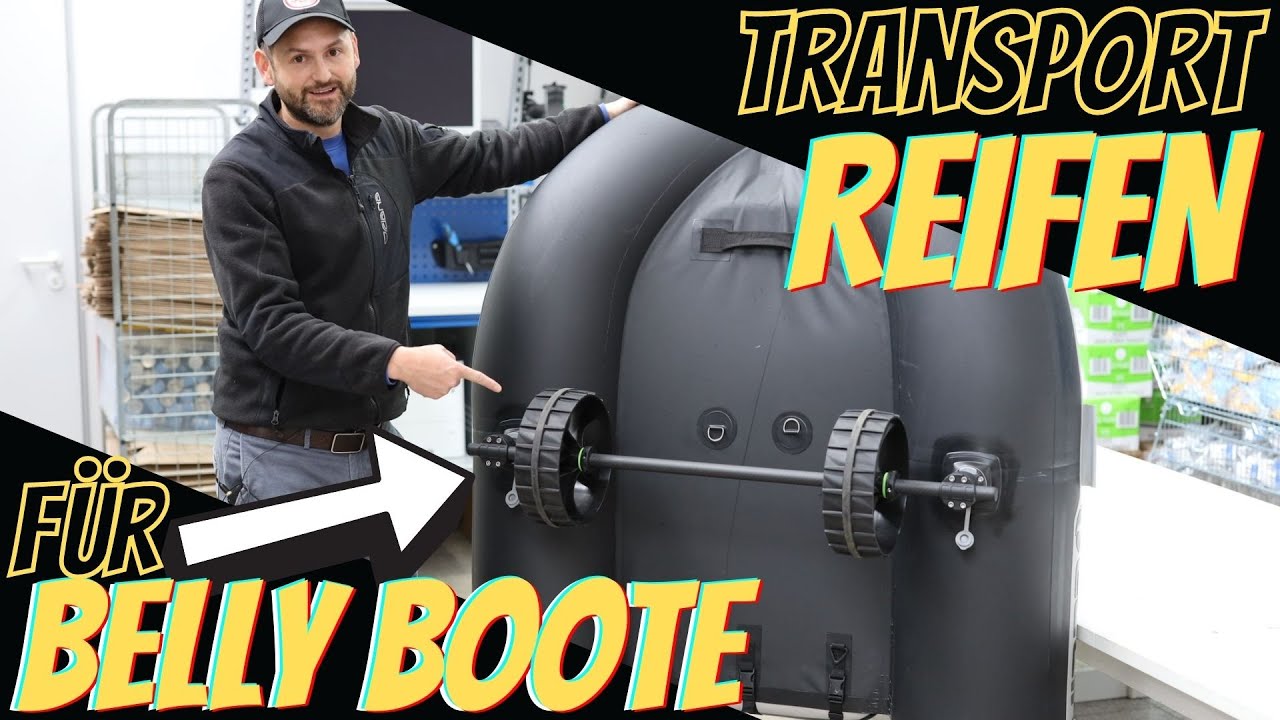Belly Boot transportieren zum Wasser. Slipreifen mit echter Carbon Achse und Railblaza Kiwi Wheels.
