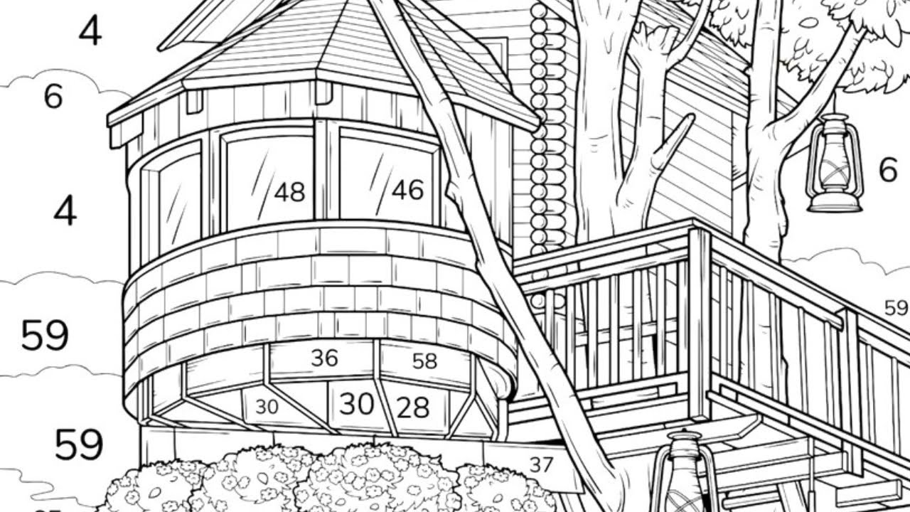 A multi-story wooden house perched on a tree with decorative hanging lights. | Coloring Games