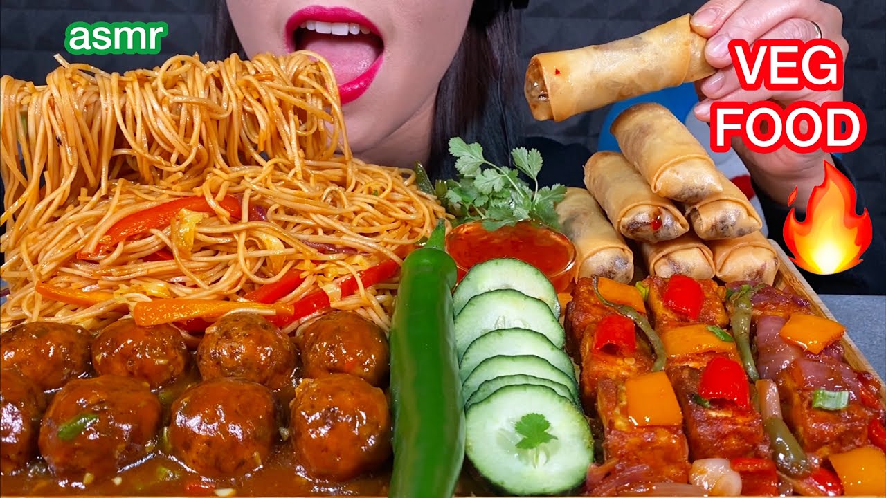 ASMR VEG FOOD *DESI VEG CHOWMEIN NOODLES, VEG MANCHURIAN, CHILI PANEER DRY, VEG ROLL MASSIVE Eating