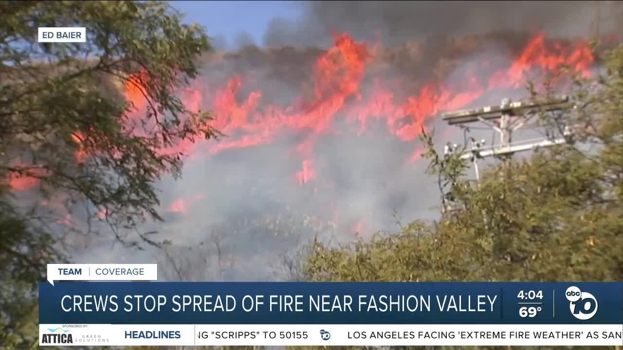Crews stop forward progress of brush fire near Fashion Valley mall