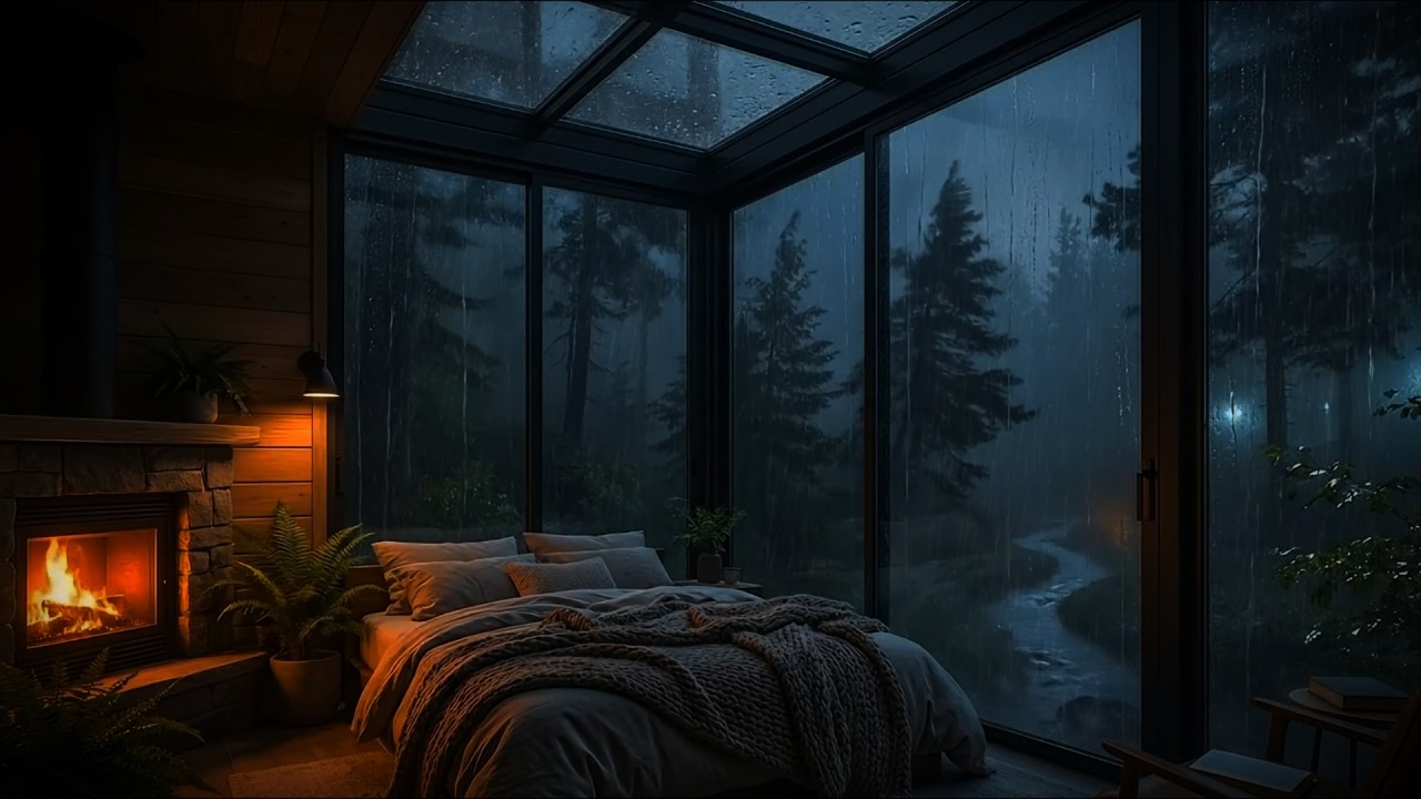Heavy Rain on Glass Cabin 🌧️ Cozy Fireplace Forest Night Ambience | Rain Sounds for Deep Sleep