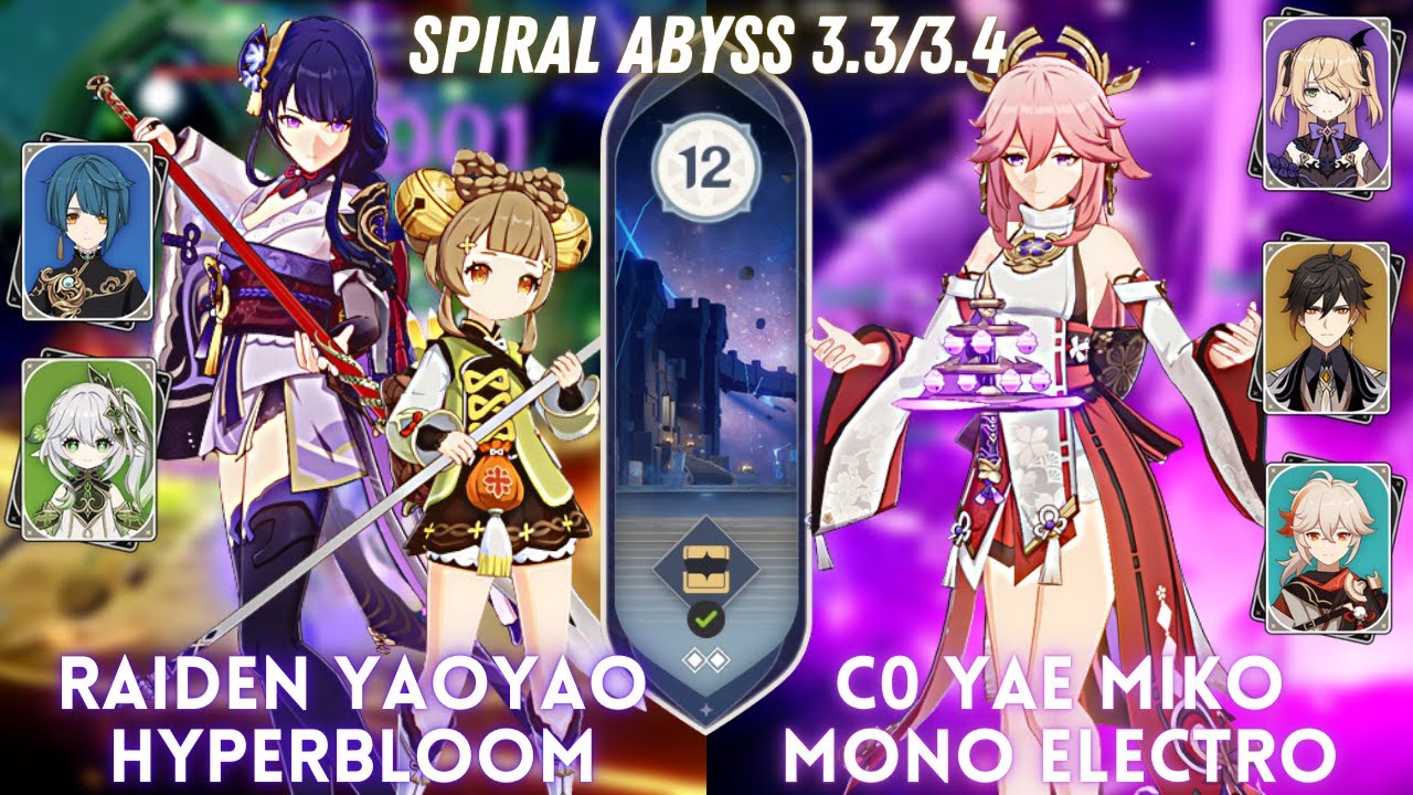 Raiden Yaoyao Hyperbloom & C0 Yae Miko Mono Electro | Spiral Abyss 3.3/3.4 Floor 12 - 9⭐