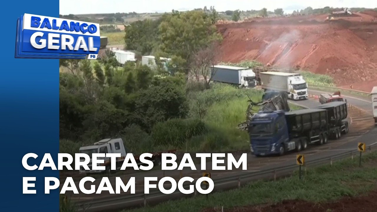 Carretas batem e pegam fogo na PR-445, em Guaravera motoristas conseguiram sair sem ferimentos