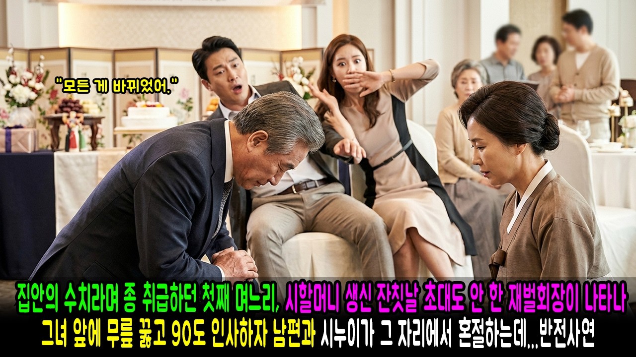 집안의 수치라며 종 취급하던 첫째 며느리, 시할머니 생신 잔칫날 초대도 안 한 재벌회장이 나타나 그녀 앞에 무릎 꿇고 90도 인사하자 남편과 시누이가 그 자리에서 혼절하는데...