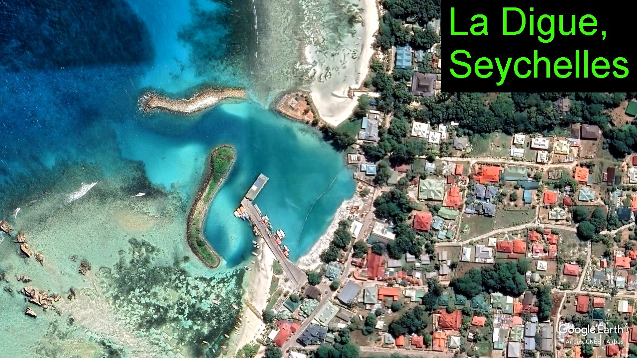 Aerial view of La Digue, Seychelles - Anse Reunion and La Passe