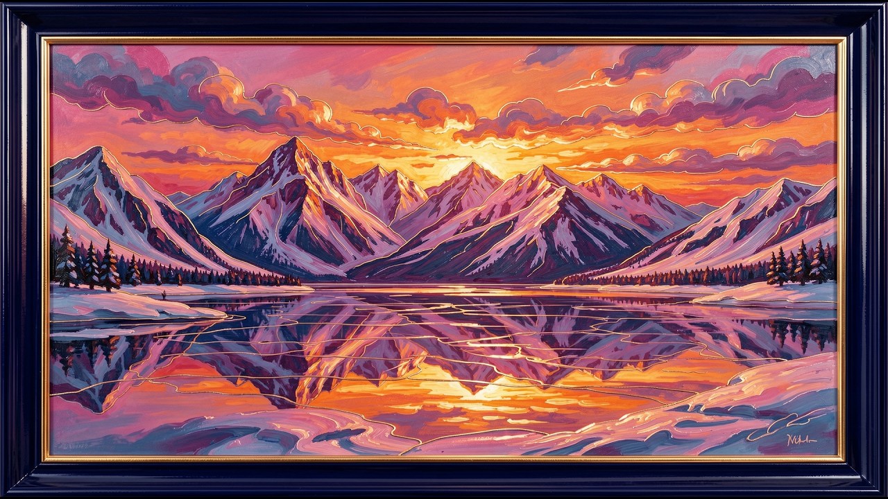 Winter Sunset Mountain Reflection frame tv art 4k with music | tv screensaver