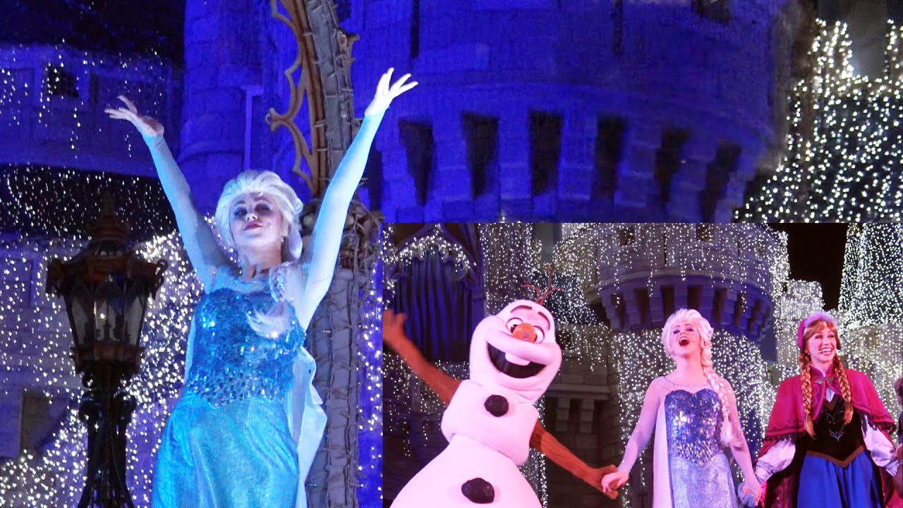 A FROZEN HOLIDAY WISH 2015 - Elsa Lights Cinderella Castle & New Turrets with Anna, Olaf & Kristoff