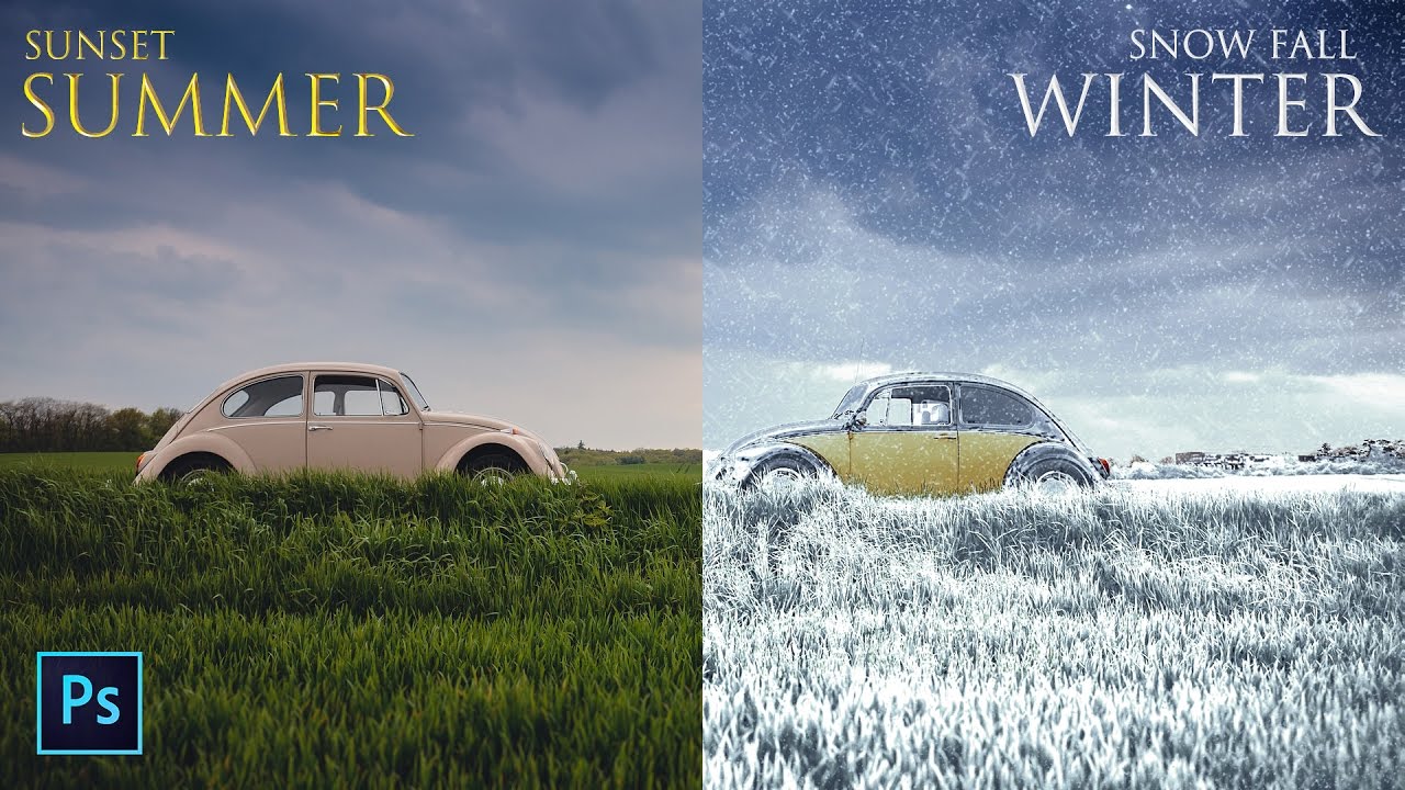 Summer to Winter Snow Photo Transformation - Create Snowfall Season Scene in Photoshop Manipulation